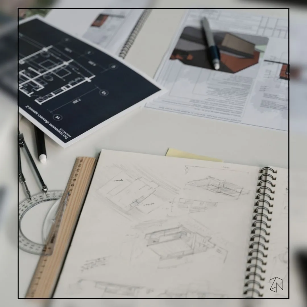 Plany architektoniczne i szkice wnętrz na biurku projektanta – etap projektowania wykończenia pod klucz